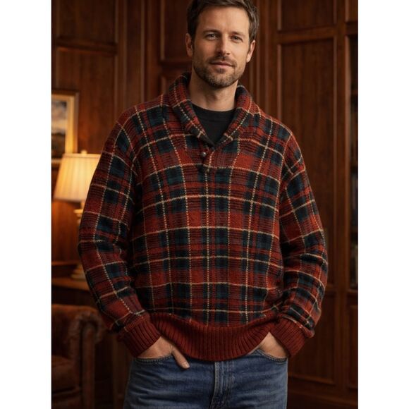 Polo by Ralph Lauren Other - VTG Polo Ralph Lauren Sweater 100% Wool Plaid Shawl Collar Academia